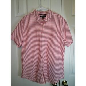 Aeropostale Striped Button Down Short Sleeve Casual Shirt Coral White XL‎